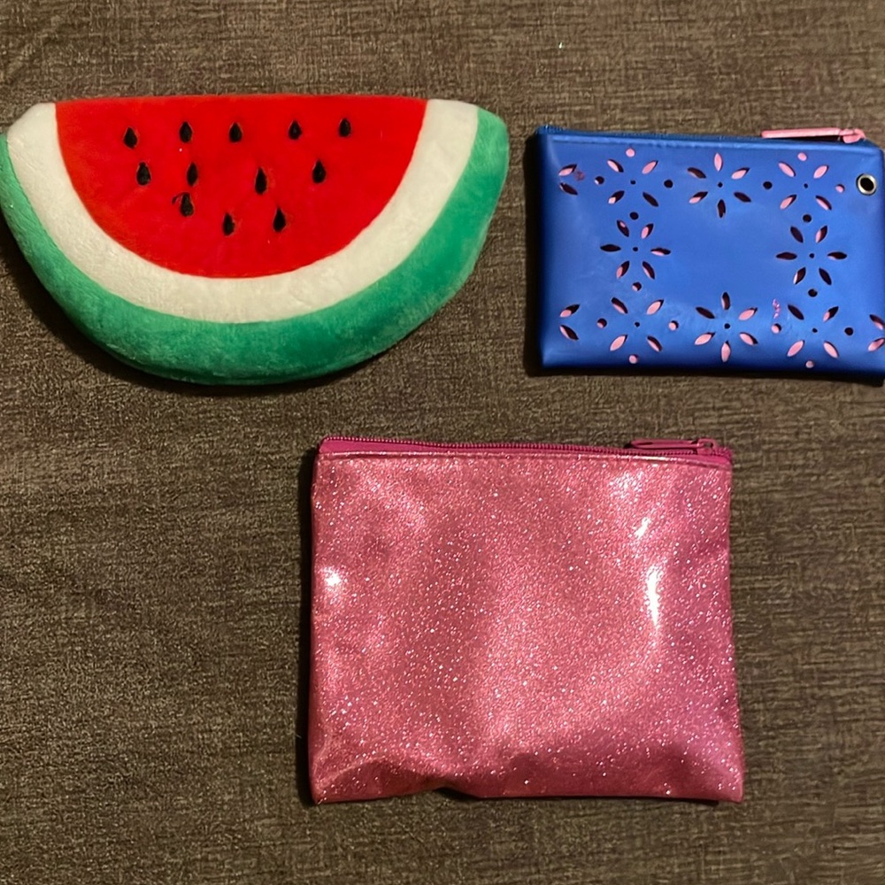 Collection of Change Purses (Watermelon, Pink Glitter & Blue/Pink Flowers)
